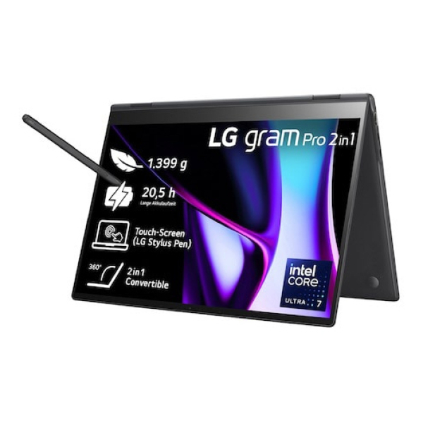 LG Gram Pro 16T90SP Intel Core Ultra 7 155H Hybride (2-in-1) 40,6 cm (16") Touchscreen WQXGA+ 16 GB LPDDR5x-SDRAM 1 TB SSD Wi-Fi 6E (802.11ax) Windows 11 Pro Zwart - Afbeelding 2