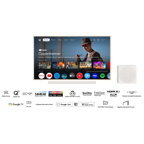 TCL NXTFRAME 55A300W Pro Wit 55" | Ultra HD 4K QLED Smart TV | Draadloze Soundbar en Subwoofer | Google TV + Wifi | HDR10+ | 120Hz - Afbeelding 12