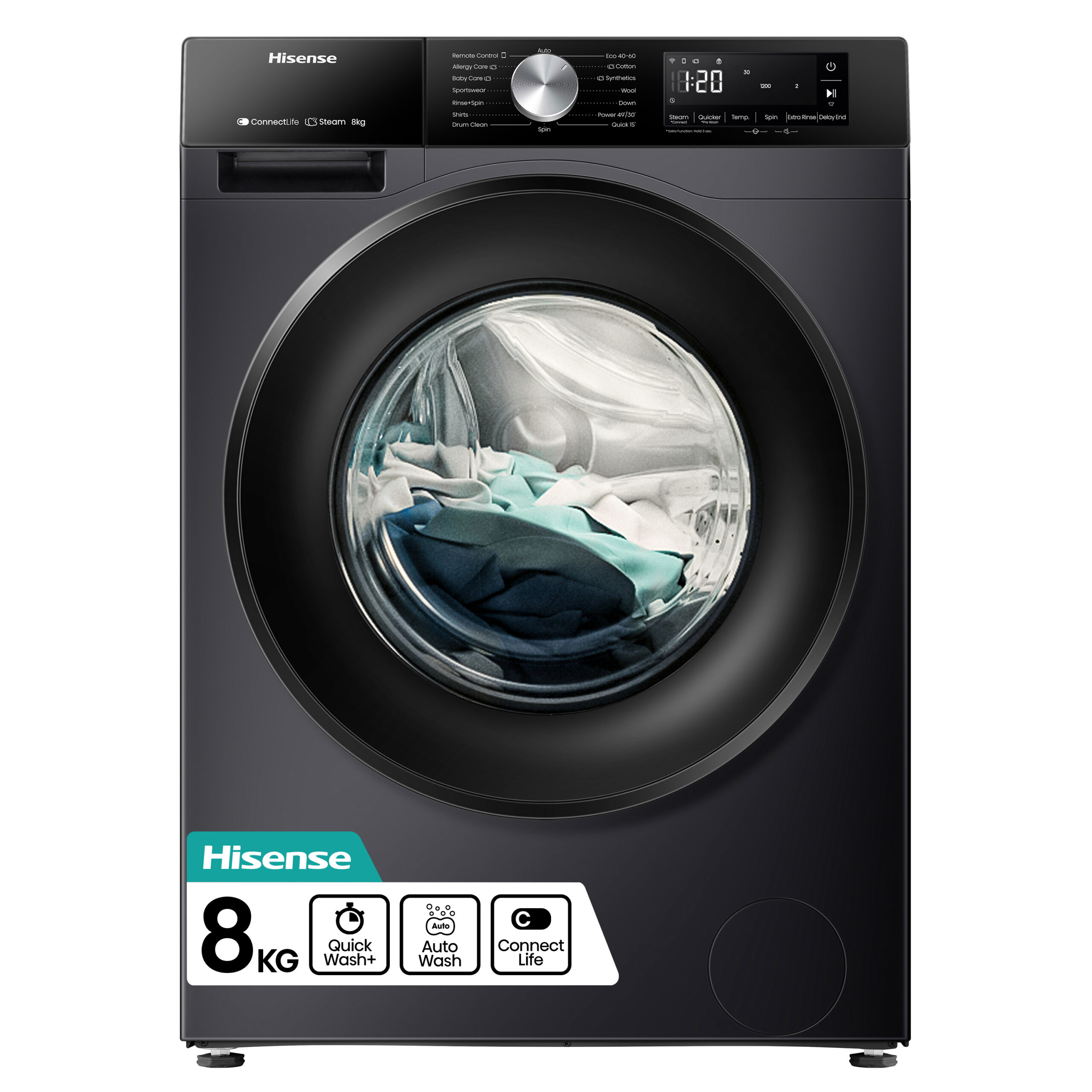 Hisense WF3S8043BB3 wasmachine Voorbelading 8 kg 1400 RPM Zwart afbeelding