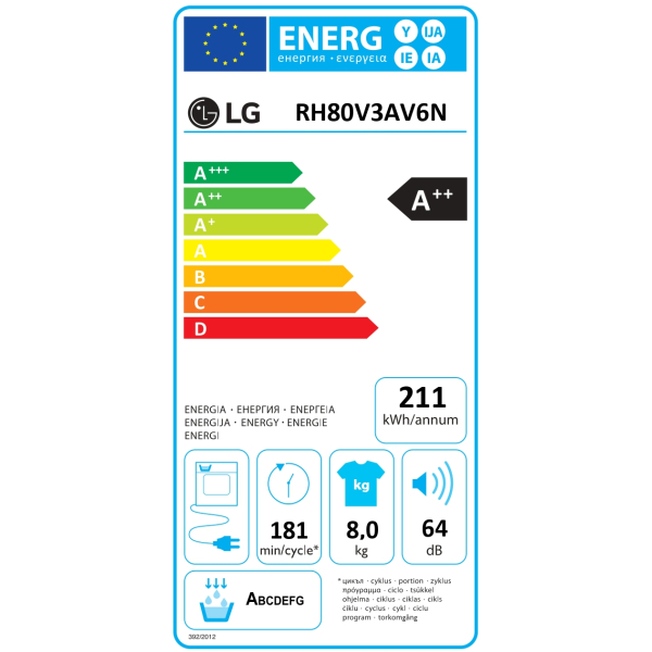 LG RH80V3AV6N wasdroger Vrijstaand Voorbelading 8 kg A++ Wit - Afbeelding 15